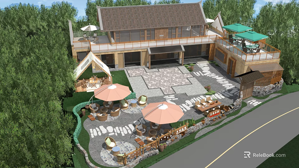 Traditional Homestay Building with Courtyard Outdoor Seating Umbrellas Stone Paved Ground Surrounded by Green Trees 3d model 