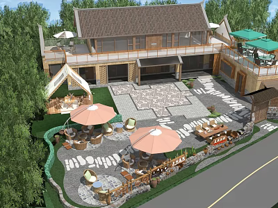 Traditional Homestay Building with Courtyard Outdoor Seating Umbrellas Stone Paved Ground Surrounded by Green Trees 3d model