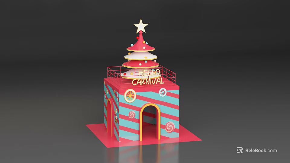 Children Carnival Themed Building With Star Decoration Blue Red Stripes And Arched Doorway 3d model 