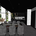 Modern Restaurant Interior With Black Ceiling Chandelier Dining Table Chairs And Green Plants