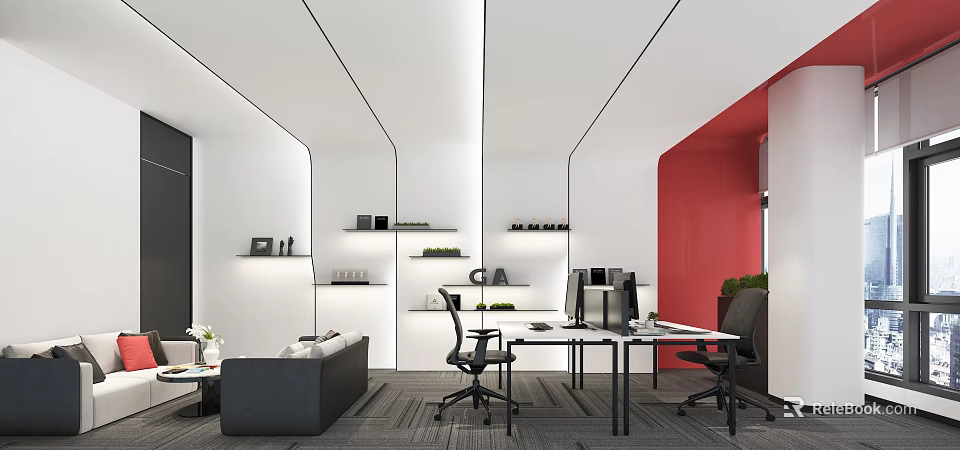 Modern Open Office Workspace With White Red Walls Black Chairs Desks Computers Plants And Sofa 3d model 