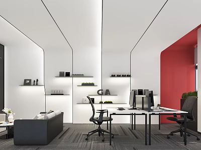 Modern Open Office Workspace With White Red Walls Black Chairs Desks Computers Plants And Sofa 3d model