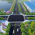 Municipal Road Intersection Featuring Traffic Lanes Pedestrian Walkways Green Belts And Street Lamps
