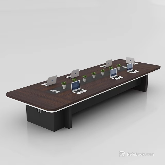 Long Rectangular Conference Table With Brown Wooden Top Multiple Laptops And Small Potted Plants 3d model 
