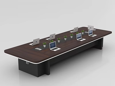 Long Rectangular Conference Table With Brown Wooden Top Multiple Laptops And Small Potted Plants 3d model