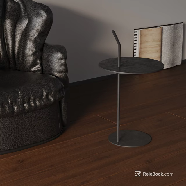 Modern Black Round Side Table with Metal Frame by Leather Sofa 3d model