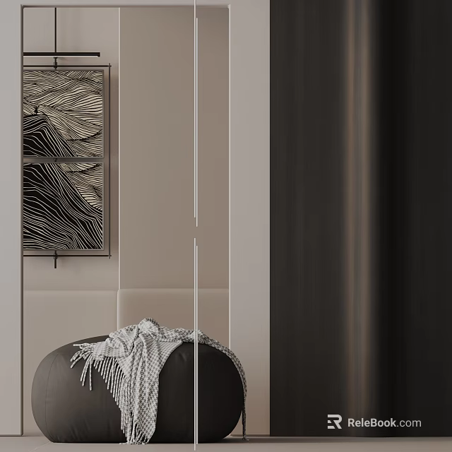 Modern Round Black Side Table With Knitted Blanket And Abstract Wall Art 3d model