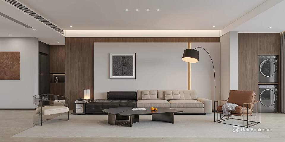 Modern Living Dining Room With Black Beige Sofa Coffee Table Floor Lamp And Decorative Painting 3d model 