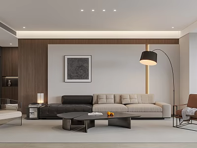 Modern Living Dining Room With Black Beige Sofa Coffee Table Floor Lamp And Decorative Painting 3d model