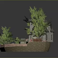 Cartoon Scene Featuring Small Gray House with Chimney Green Trees and Pink Flower Garden