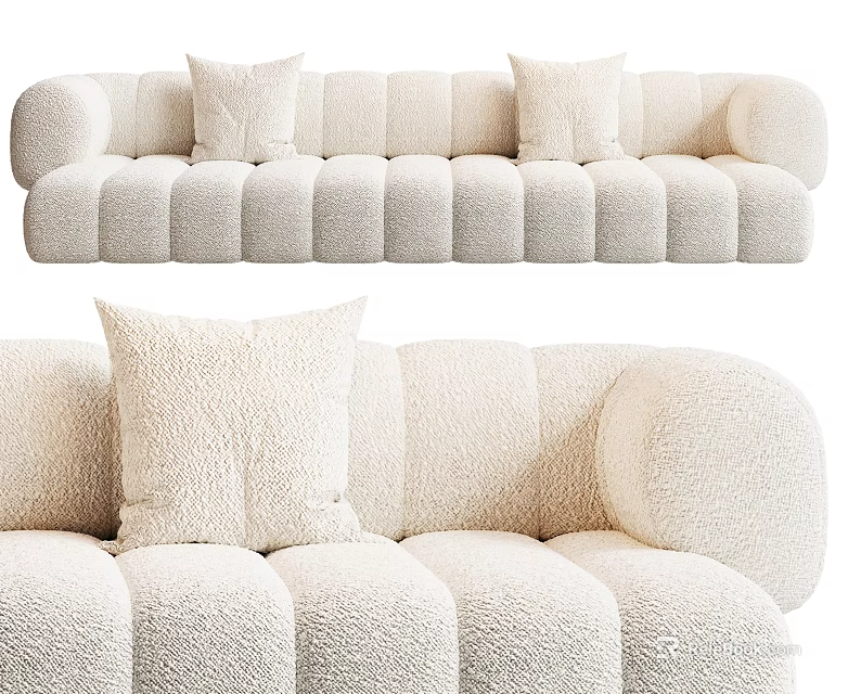 Plush Beige Sectional Sofa With Rounded Seats And Soft Throw Pillows 3d model 
