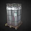 Silver Nitrogen Gas Cylinders Stored On Wooden Pallet With Safety Labels And Caps