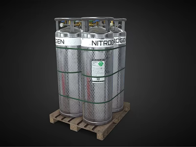 Silver Nitrogen Gas Cylinders Stored On Wooden Pallet With Safety Labels And Caps 3d model