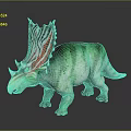 Realistic Green Striped Dinosaur Model Standing With Colorful Head Ornamentation And Horns