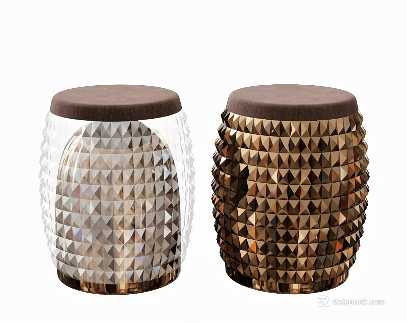 Transparent And Gold Stools With Diamond Pattern And Brown Top Design 3d model 