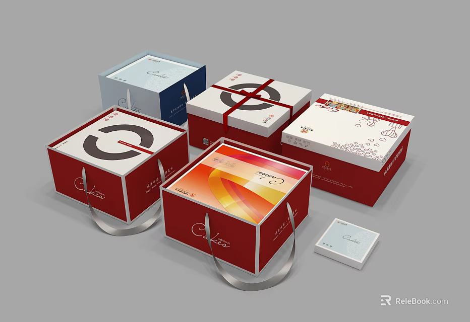 Stylish Decorative Ornament Set With Red White Boxes Various Patterns And Handles 3d model