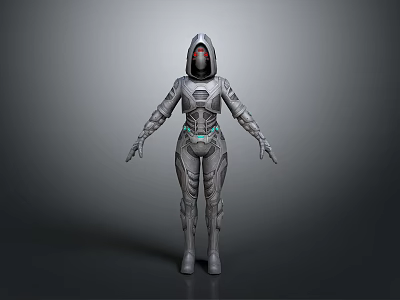 Futuristic Humanoid Character in Metallic Silver Armor With Glowing Red Helmet And Green Accents 3d model