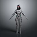 Futuristic Humanoid Character in Metallic Silver Armor With Glowing Red Helmet And Green Accents