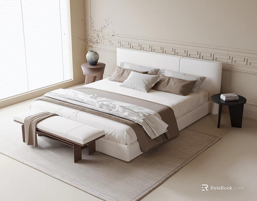 Minimalist Double Bed Setup with Decorative Headboard Wall Nightstand Vase and Cozy Footstool 3d model 