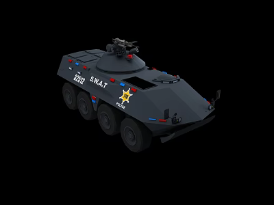 Black 6 Wheeled Functional Vehicle With B.M.A.T Marking Star Insignia Weapon Mount Red Blue Lights 3d model