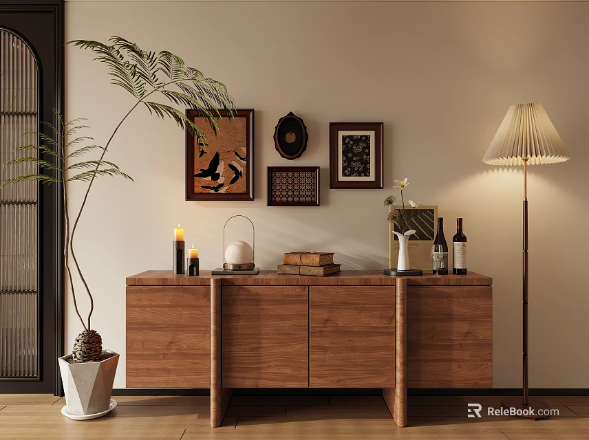 Modern Living Room Wooden Storage Cabinet With Decorative Paintings Potted Plant And Floor Lamp 3d model 