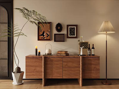 Modern Living Room Wooden Storage Cabinet With Decorative Paintings Potted Plant And Floor Lamp 3d model