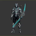Futuristic Metallic Armor Character With Blue Glowing Sword And Shiny Details