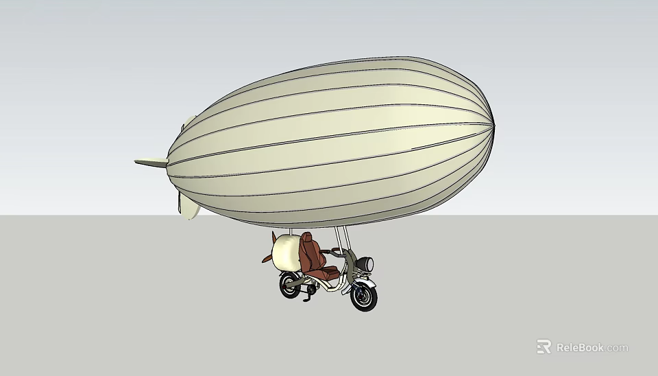 Vintage Car Suspended Under Large Striped Airship in Clear Sky 3d model 
