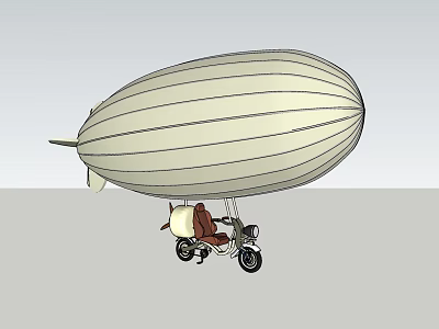 Vintage Car Suspended Under Large Striped Airship in Clear Sky 3d model