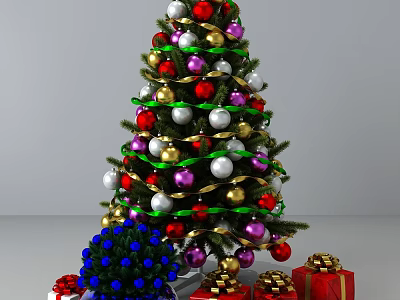 Christmas Tree Decorated With Colorful Ornaments Ribbons And Red Gift Boxes 3d model