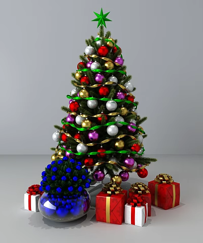 Christmas Tree Decorated With Colorful Ornaments Ribbons And Red Gift Boxes 3d model