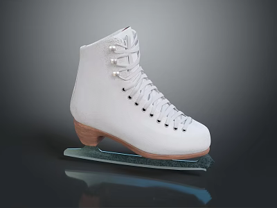 White Figure Ice Skates With Leather Upper Wooden Sole Decorative Laces And Clear Blade Design 3d model