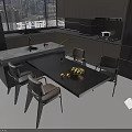 Modern Kitchen Interior Featuring Dining Table Set With Four Chairs And Fruit Bowl 3d model