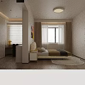 Kids Room Interior with Bed Nightstand Desk Chair Window Curtains Colorful Painting and Wooden Floor