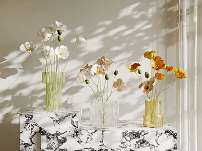 Colorful Glass Vases With White Pink Orange Flowers On Marble Patterned Surface 3d model