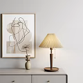 Pleated Lampshade Wooden Table Lamp With Round Base Vase And Artwork In Interior