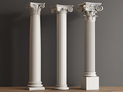 Three White Columns with Different Capital Designs Against Gray Wall and Wooden Floor 3d model
