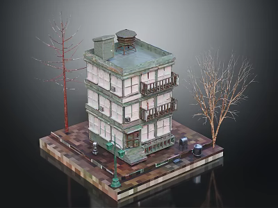 Multi Story Building Model With Balconies Roof Water Tank And Street Lamp 3d model