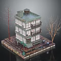 Multi Story Building Model With Balconies Roof Water Tank And Street Lamp