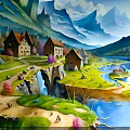 Fairy Tale Village Scene With Mountain Landscape River Stone Bridge And Colorful Houses