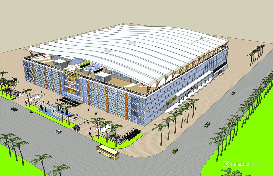 Modern Shopping Mall Exterior With Glass Facade White Curved Roof Palm Trees Plaza And Pedestrians 3d model 