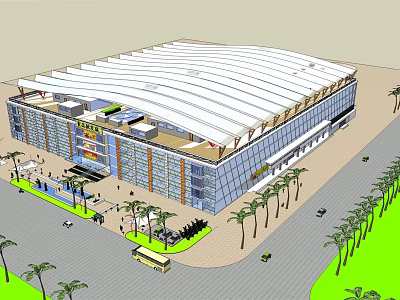 Modern Shopping Mall Exterior With Glass Facade White Curved Roof Palm Trees Plaza And Pedestrians 3d model
