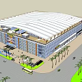 Modern Shopping Mall Exterior With Glass Facade White Curved Roof Palm Trees Plaza And Pedestrians