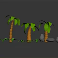 Cartoon Tropical Scene With Green Palm Trees Orange Trunks Small Plants And Gray Stones