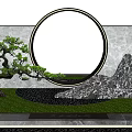 Modern Landscape Wall With Circular Metal Frame Stone Texture Green Trees And White Sculpture