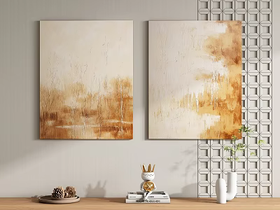 Beige And Brown Abstract Paintings With Grid Wall Decor Rabbit Ornament Books And Green Plants 3d model