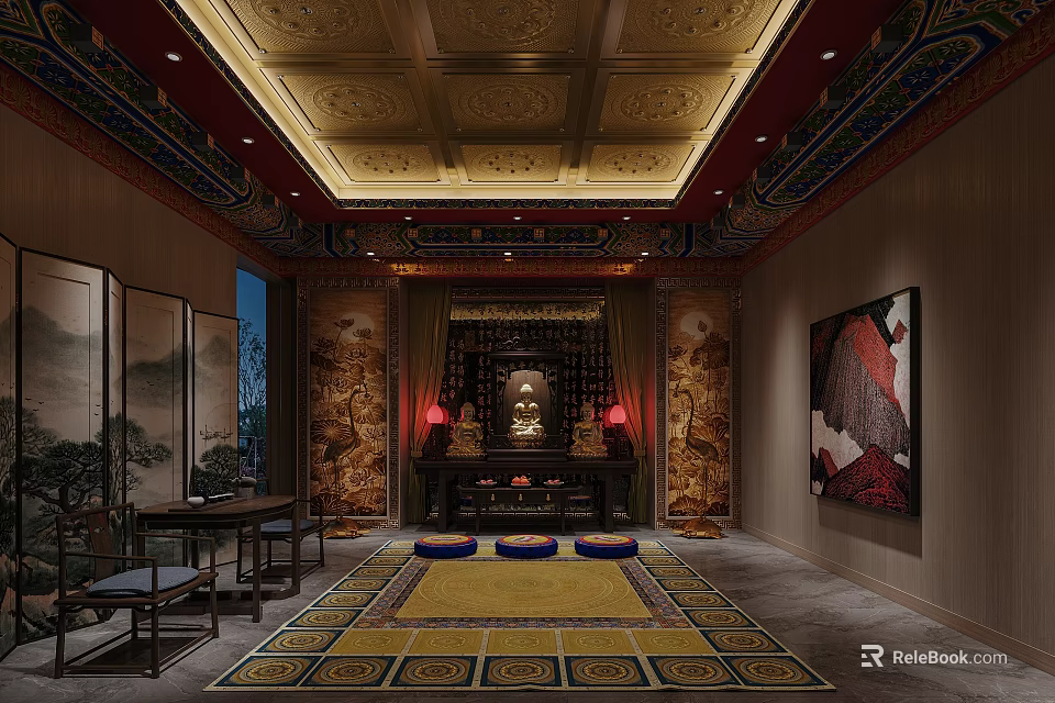Buddhist Religious Interior With Golden Carved Ceiling Buddha Statue Red Lanterns And Traditional Decorations 3d model 