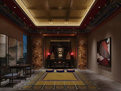 Buddhist Religious Interior With Golden Carved Ceiling Buddha Statue Red Lanterns And Traditional Decorations 3d model