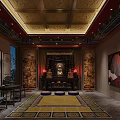 Buddhist Religious Interior With Golden Carved Ceiling Buddha Statue Red Lanterns And Traditional Decorations