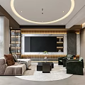 Modern Living and Dining Room Interior With Circular Ceiling Light Green Chairs and Large Windows